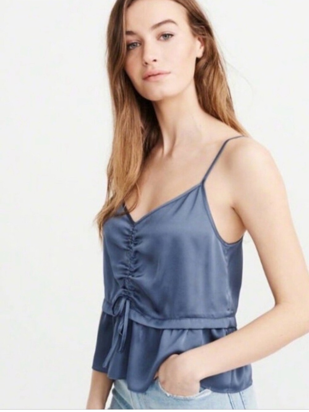 Abercrombie & Fitch Slate Blue Satin Ruched Peplum Cami